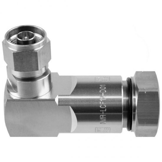 NMR-SCF14-045	N Male Connector for 1/4" Coaxial Cable, Right angle, Shrinking Sleeve sealing, Silver/Silver