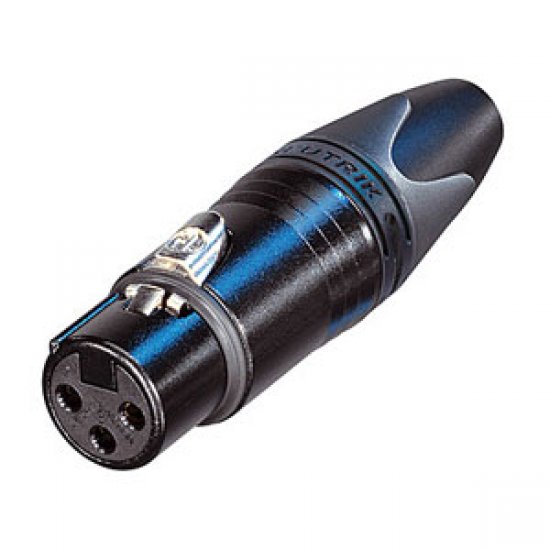 XLR Connector Neutrik 3 pole female cable connector with black metal housing and gold contacts. 