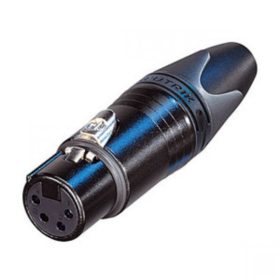 XLR Connector Neutrik 4 pole female cable connector with black metal housing and gold contacts. 