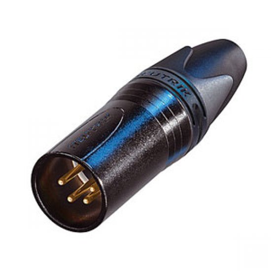 XLR Connector Neutrik 4 pole male cable connector with black metal housing and gold contacts. 