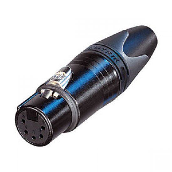 XLR Connector Neutrik 5 pole female cable connector with black metal housing and gold contacts. 