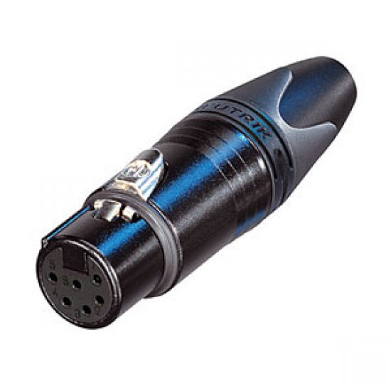 XLR Connector Neutrik 6 pole female cable connector with black metal housing and gold contacts. 